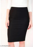 Black polycotton pencil midi skirt with elastic waist belt, versatile for various outfits, perfect for casual or formal events