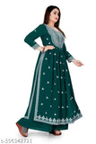 Georgette women's Nayra Cut Straight Fit gown, embellished with resham, zari, and lace, palazzos bottom, dark green embroidered net, length 50 inches (L), Shain Creation, India