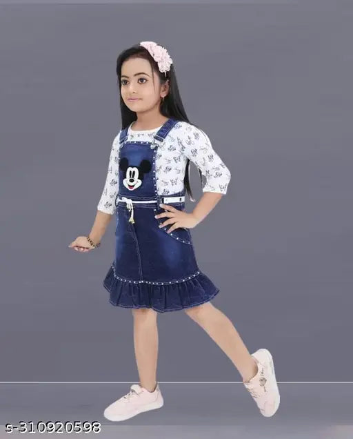 Denim dungaree for kid girls, three-quarter sleeves, printed design, sizes 12-18M to 3-4Y, made in India