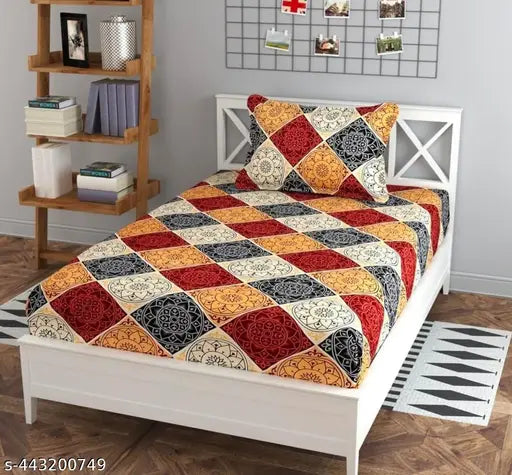 Multicolor checked cotton single bedsheet set, ideal for summer, includes one pillow cover, lowest price, divinehome product on display