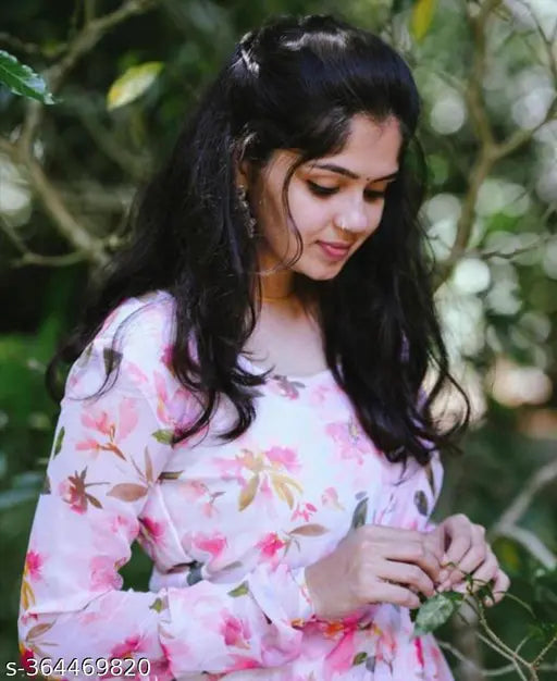 Pink floral printed georgette long gown with dupatta set for women