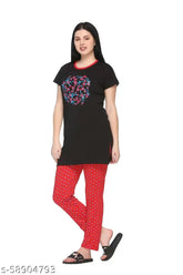 White and cotton blend nightwear set, short-sleeve t-shirt style top with printed design and matching cotton pants featuring pockets and dual closure. Made from soft, pill-resistant fabric in latest processes for long-lasting comfort