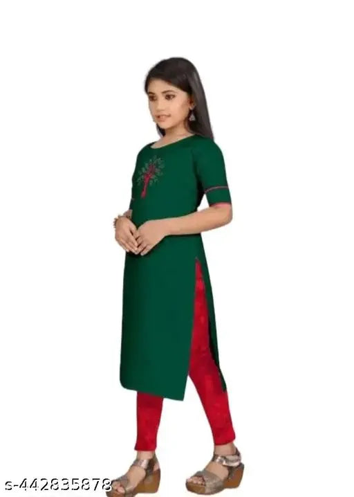 Cotton blend solid kuratikurta for girls, three-quarter sleeves, suitable for ages 6-13 years, Indian traditional clothing
