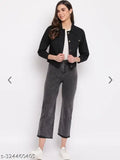 Black solid denim women's jacket with long sleeves, trendy and stylish fashion accessory for S-XL sizes from India
