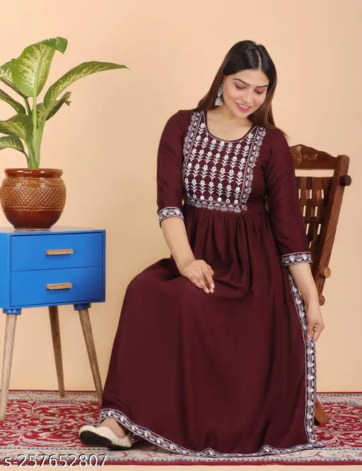 Rayon embroidered Naira cut kurti with three-quarter sleeves, ideal for party and wedding wear in India