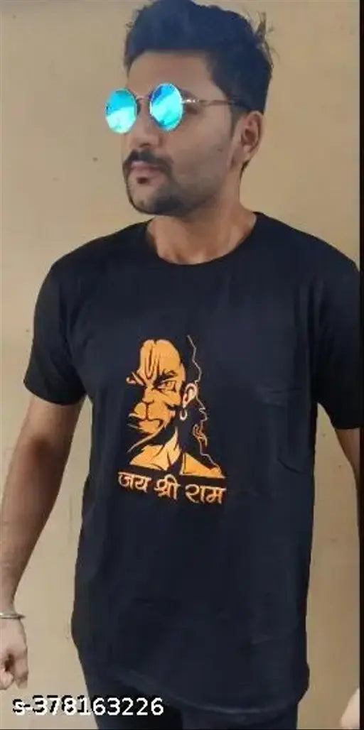 Shree Hanuman printed polyester t-shirt, Indian devotional art on short sleeves