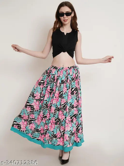 Multicolor tropical floral print maxi skirt, polycrepe material with contrast border and adjustable waist for women's fashion, home wash and wear, size XS-XL (India origin)