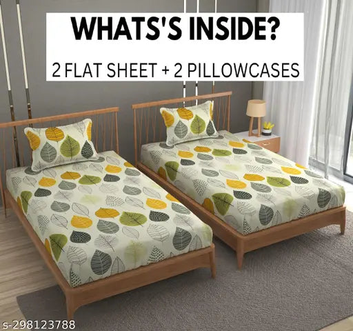 Comfortable cotton 3D printed two single bedsheets with two pillow covers - Breathable botanical print, ideal for summer, long-lasting strength