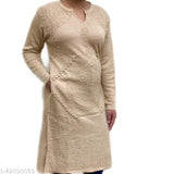 Beige woolen A-line solid kurti for women, long sleeve woolen garment on hanger
