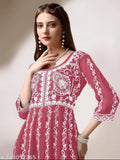 Embroidered Chikankari Georgette Kurti, three-quarter sleeves, cross-dyed fabric, India