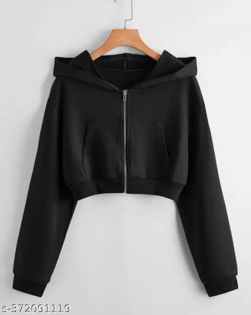 Women's fleece hooded sweatshirt, solid color, long sleeves, cropped design, premium blend materials, soft and warm, casual yet trendy, easy care, Indian origin