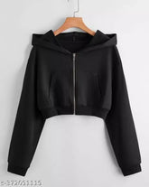 Women's premium fleece hooded sweatshirt, long sleeves, solid color, cropped design, warm & soft, made in India