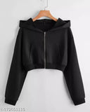 Women's fleece hooded sweatshirt, solid color, long sleeves, cropped design, premium blend materials, soft and warm, casual yet trendy, easy care, Indian origin