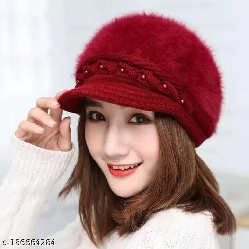 Maroon embellished wool beanie cap (India), women's & girls free size with rabbit fur lining & cotton inner layer, perfect for colder seasons