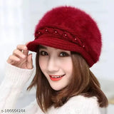 Maroon embellished wool beanie cap (India), women's & girls free size with rabbit fur lining & cotton inner layer, perfect for colder seasons