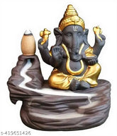 Gold Ganesha Backflow Incense Holder, 31 cones included, Indian-made Dhoop Batti stand for temple or car dashboard