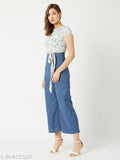 Blue crepe, multicolor floral printed jumpsuit for women by Miss Chase, short sleeves and knotted waist