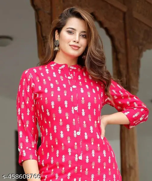 Rayon printed designer kurti for office, party, or wedding wear. Three-quarter sleeve, A-line Jaipuri style, self-designed in India