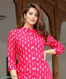 Rayon printed designer kurti for office, party, or wedding wear. Three-quarter sleeve, A-line Jaipuri style, self-designed in India