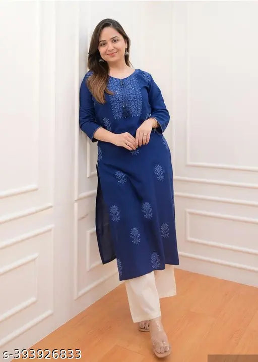 Rayon Chikankari kurti pant set, three-quarter sleeves, printed design, modern ethnic wear for women (M: 38in bust, L: 40in bust, XL: 42in bust, XXL: 44in bust)