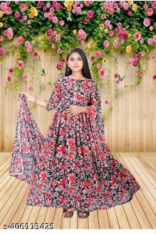 Georgette A-line dress with long sleeves in net print, suitable for casual wear for girls aged 9-15 years, India origin