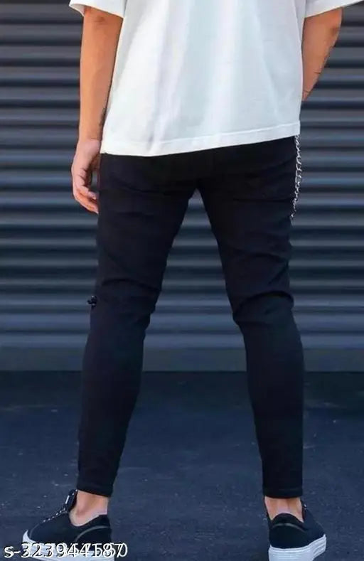 Printed denim knee cut jeans, single BTN black denim, size 28-32 (India)