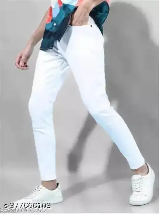 White denim monk jeans for men, solid pattern by Shriradhe Enterprises. Perfect fit for various occasions, size 28, 30, 32, 34, or 36 inches waist, 39 inches length, made in India