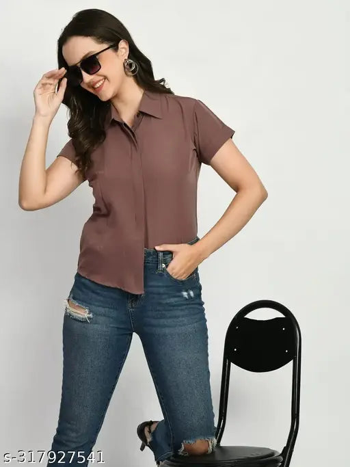 Lavender crepe short-sleeve QAVISH regular shirt, suitable for office party wear and casual events. Indian-made stylish design for women and girls aged 13 years and above