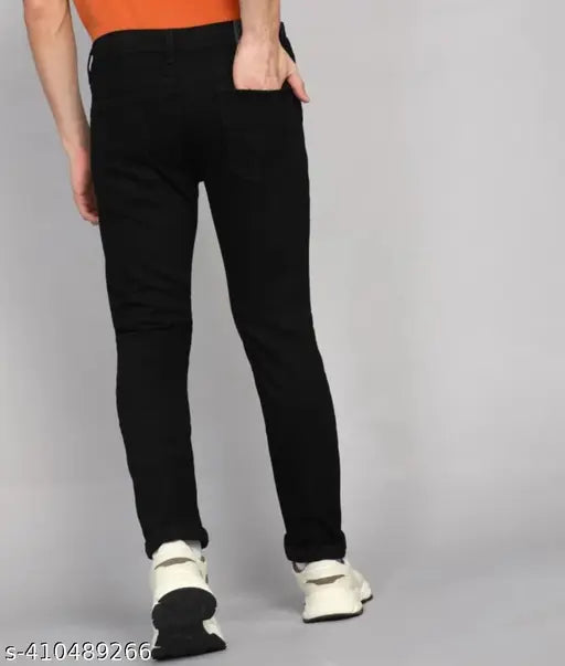 Plain black cotton blend jeans for men, solid, size 28-36, on model