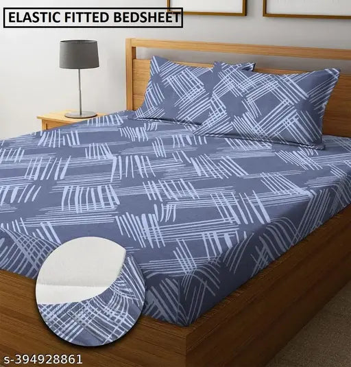 White glace cotton, elastic double king-size fitted bedsheet with geometric pattern & 2 pillow covers. High-quality superfine linen for a summer sleep