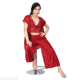 Soft, satin women's night suit palazzo top with robe set (3 pieces), black, comfortable for work from home or sleep