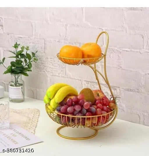 Golden stainless steel 2-tier fruit organizer for dining/kitchen, encourages even ripening and air circulation