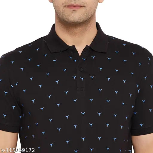 Black cotton blend Wild West polo collar half-sleeve t-shirt for men, printed design on front