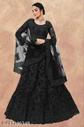Black net thread embroidered lehenga set - Choli and dupatta with semi-stitched design, originating from India