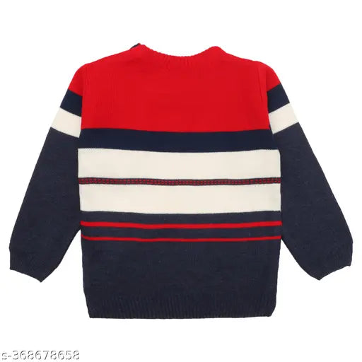 Acrylic striped hooded sweater for kids, unisex design in woolen material, full sleeves, India origin