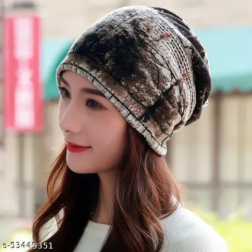 Brown printed ponytail beanie, warm skull cap for women's winter wear, cozy knitted hat with unique design