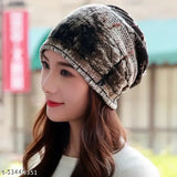 Brown printed ponytail beanie, warm skull cap for women's winter wear, cozy knitted hat with unique design