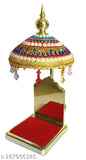 Multicolor, marble handicraft umbrella/chatra for god idols, featuring hanging crystals and red velvet microfiber interior. Ideal for car dashboard, home decor, or office