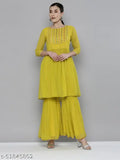 Lime yellow Georgette embroidered kurta with sharara, partial elastic waistband. Vibrant mirror work and geometric patterns, festive Indian attire." (123 characters)