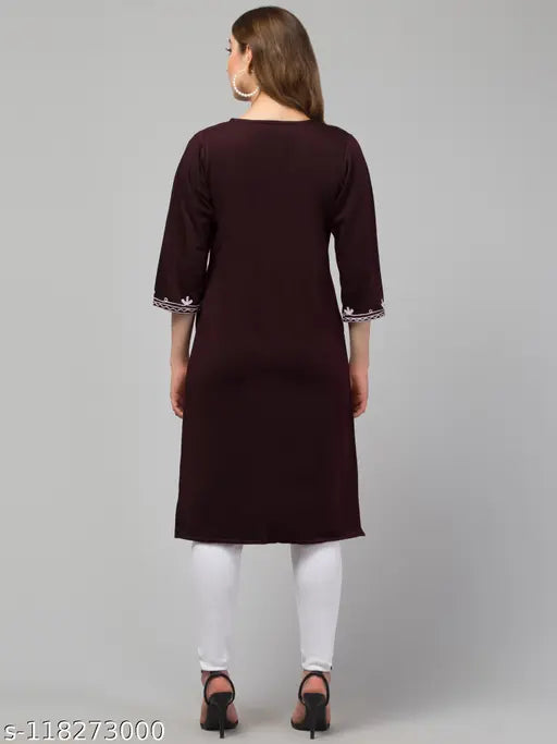 Wool embroidered kurti for women, premium wool fabric, three-quarter sleeves, Indian craftsmanship, full-length design (42 inches)