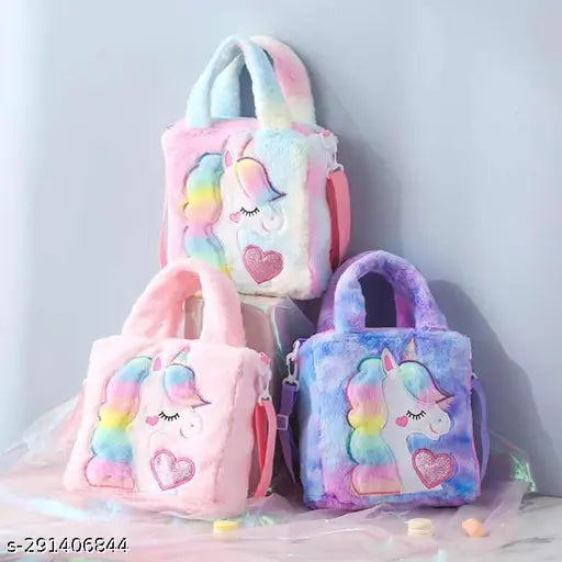 Multicolor plush Unicorn sling bag for kids, stylish soft fur design, perfect gift for girls, high-quality fabric, adjustable shoulder strap, suitable for school, travel, parties, and everyday use