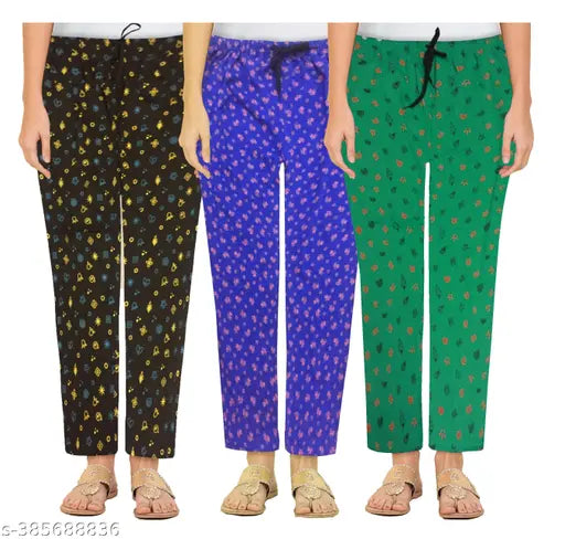 Cotton AFRA Women's Pyjama Maxi Night Pants Pack of 3 PCs, Attractive Multi-color Flower Print