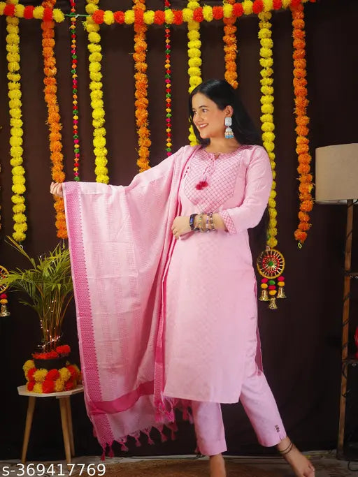 Embroidered cotton kurti set with dupatta and pants, Indian traditional three-quarter sleeve outfit for women in various sizes (S-XXXL)