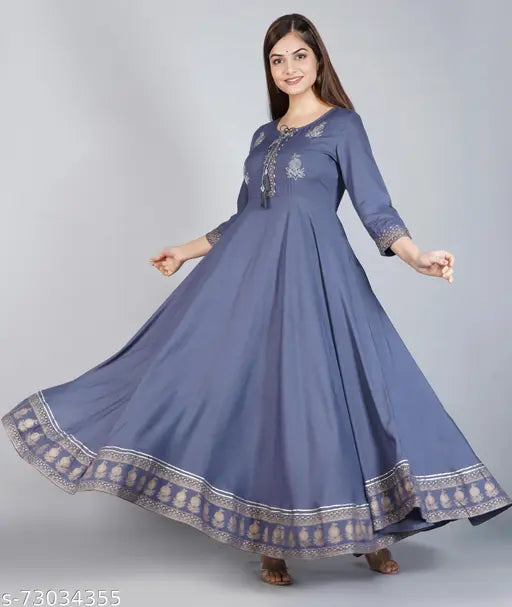 Rayon embroidered Anarkali kurta for women, three-quarter sleeves, Indian ethnic wear. Stunning embroidery on rayon fabric for fashionable and comfortable day-wear