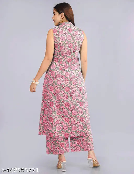 Cotton pink set, sleeveless kurta with cotton pants, printed net design, single size available (XS-XXL), Indian origin