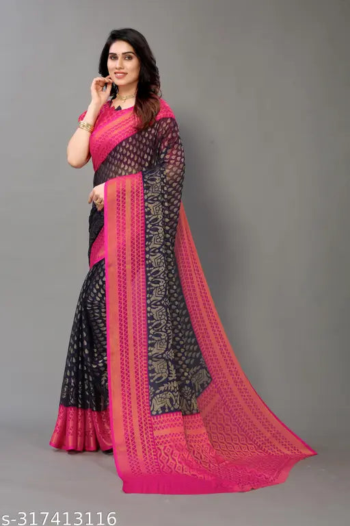 Chiffon Brasso printed saree with chiffon blouse, Indian zari woven pattern on free size, 5.5m saree length