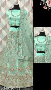 Sky blue net Lehenga choli with embellished blouse and dupatta, perfect for festive occasions - Indian designer embroidery work on heavy net fabric