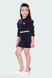 Navy Blue A-line dress for girls (4-5yrs to 13-14yrs), solid polyester, three-quarter sleeves, midi length with zipper back and fashionable belt, made in India