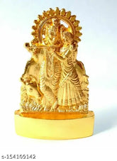 Gold-plated Radha Krishna with cow idol, intricately detailed Indian artisan crafted metal figurine
