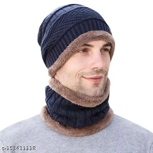 Navy blue wool beanie cap with cozy neck warmer - 2-in-1 women's winter accessory for outdoors & daily wear, made in India (queery winter beanie)